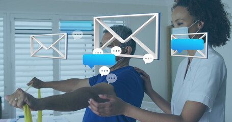 Stretching man wearing mask, blue Tshirt holding yellow resistance band in clinic with 3D icons