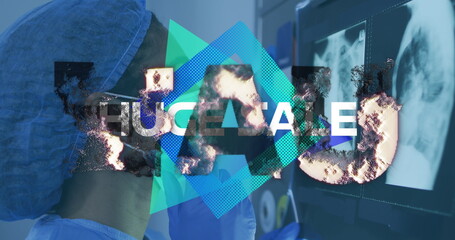 Examining female surgeon interpreting chest x-rays in operating room, with scrub cap and monitors