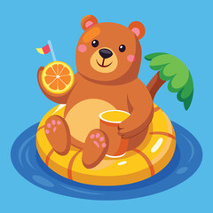 Cute Bear Relaxing on Swim Ring with Juice &ndash; Summer Holiday Animal Cartoon Vector
