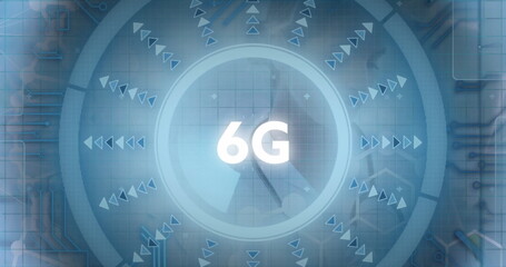 Displaying 6G holographic circular interface on grid, with radiating arrows and circuit traces