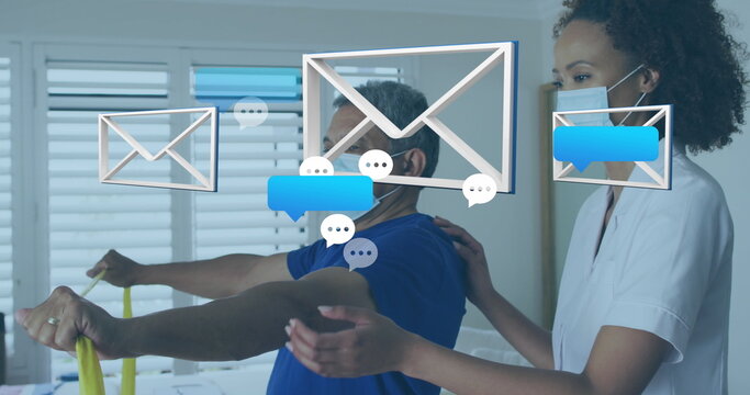 Stretching man wearing mask, blue Tshirt holding yellow resistance band in clinic with 3D icons