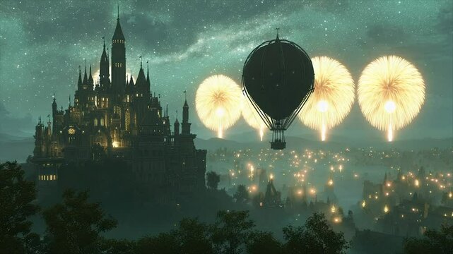 Mystical castle and hot air balloon at night