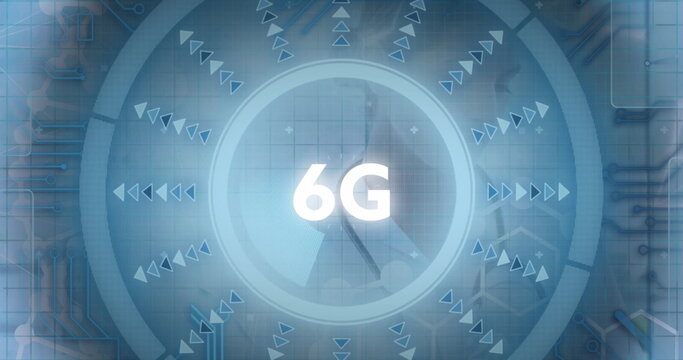 Displaying 6G holographic circular interface on grid, with radiating arrows and circuit traces