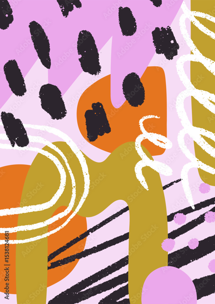 Poster modern abstract card with creative doodles, brush strokes, playful scribbles, funky style elements. 