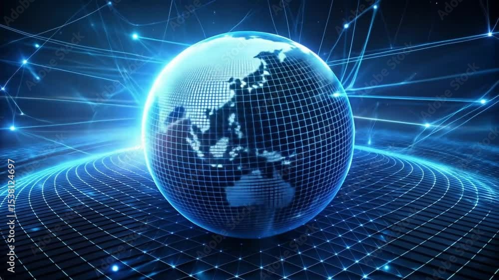 Poster global network communication concept featuring a blue globe with binary code representing the interc