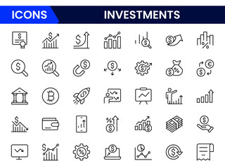 Sleek vector web line icons depicting investments, stocks, portfolios, growth, financial planning, and wealth-building strategies for economic success.