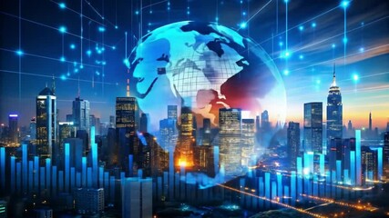 Global business concept featuring an urban night cityscape with a glowing skyline and interconnected world map - Powered by Adobe