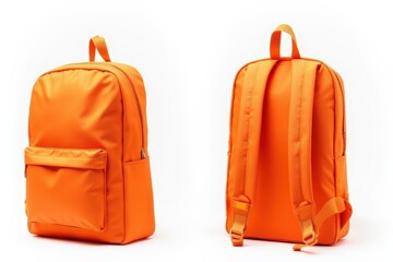 Bright orange backpack isolated on white, view from different sides