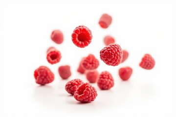 High-Quality Flying raspberries isolated on white background. Sweet ripe fresh delicious raspberry, summer berry, organic food, vitamins â€“ High Resolution