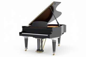 A grand piano with a black and silver finish sits on a white background. The piano is open and ready to be played. Concept of elegance and sophistication, as the piano is a classic