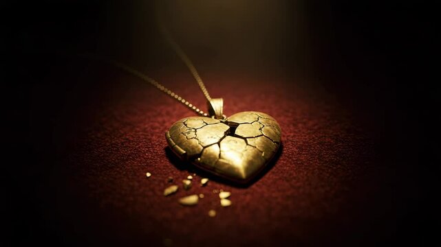 Heart-shaped locket with cracks and broken pieces on a surface  