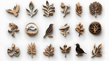 Collection of laser cut wooden nature inspired shapes on a white background arranged in a grid