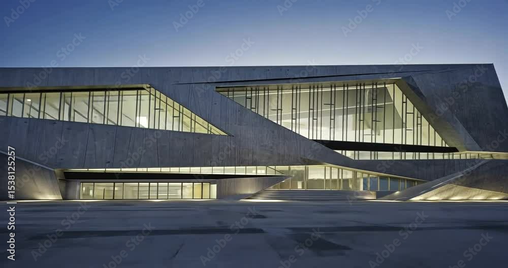 Poster Modern architectural structure with angular design at twilight, showcasing glass and concrete elements