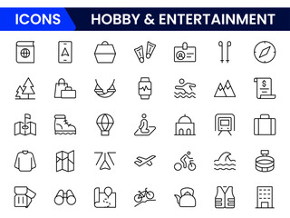 Vibrant vector web line icons depicting hobbies, entertainment, music, games, crafts, and leisure activities for joyful personal fulfillment.