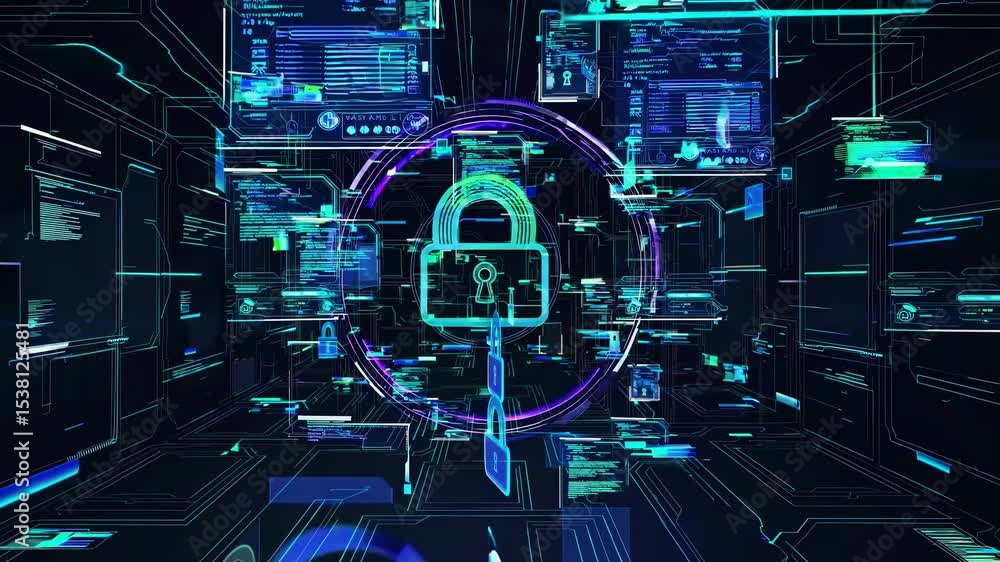 Poster futuristic video concept with a digital network theme, featuring a dynamic, angled view of floating 