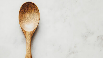A wooden cooking spoon rests on a bright white marble surface, showcasing kitchenware and culinary themes with a clean, natural aesthetic.
