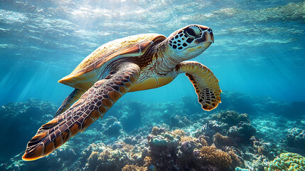 Obraz premium Sea turtle swimming amidst coral reef.