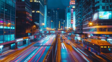 Fototapeta premium A dynamic shot of a modern city road with striking architecture, neon lights, and bustling traffic, showcasing the vibrant energy of urban life at night.
