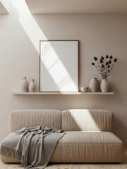 Mockup poster frame in minimalist beige living room with sunlight, cozy sofa, ceramic vases, and neutral decor
