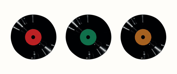 Vintage retro music halftone vinyl records set. Karaoke collages gramophone vinyls with photocopy effect. Grunge disco elements for poster, podcast, wall art. Dotted isolated vector illustration.