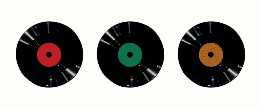 Vintage retro music halftone vinyl records set. Karaoke collages gramophone vinyls with photocopy effect. Grunge disco elements for poster, podcast, wall art. Dotted isolated vector illustration.