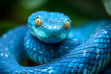 Fototapeta premium Close-up view of a vibrant blue venomous snake.