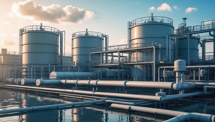 Obraz premium Illustration of an Industrial Complex with Cylindrical Tanks, Pipelines, and Reflections in Water Under a Sunset Sky