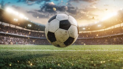 Fototapeta premium A dynamic shot of a soccer ball in mid-air, being kicked by a player on a green field with stadium lights and a cheering crowd in the background.