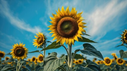 Obraz premium Sunflower Against Blue Sky Natural Background. Sunflower Is Blooming. Close-Up Of Agricultural Field With Yellow Sunflower. With Empty Copy Space For Text
