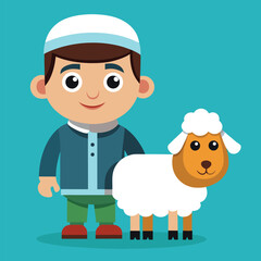 Obraz premium Cartoon Muslim Man with Sheep – Eid Qurban and Religious Celebration Vector Icon Isolated 