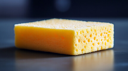 Close up showcases a porous yellow sponge, highlighting its texture and absorbent qualities on a gray surface.