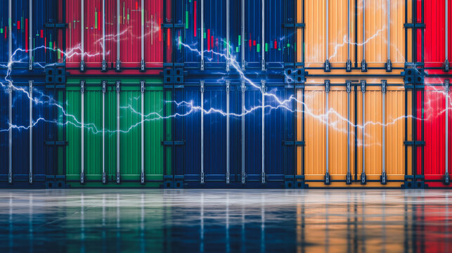 Global Trade in Flux: Colorful shipping containers, representing international trade, are superimposed with a dynamic graph of fluctuating market data.