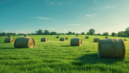 A tranquil countryside scene with hay bales scattered across a lush green field under a clear blue sky, exuding rural charm and serenity.