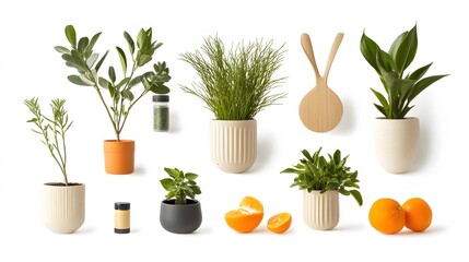 Arrangement of potted plants, oranges, and wooden utensils on a white background in a studio setting