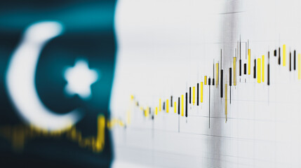 Pakistan Economy: A blend of national pride and economic data, with the nation's flag subtly positioned to the background and vibrant stock market graph in the foreground.