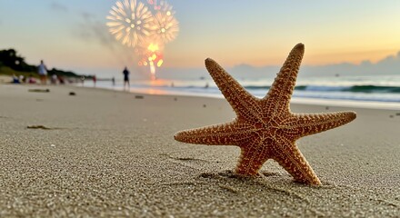 Starfish on sandy beach with fireworks