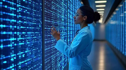 Scientist interacting with glowing blue data wall - Powered by Adobe