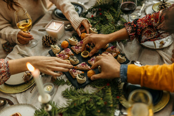 Friends sharing christmas appetizers at festive dinner table