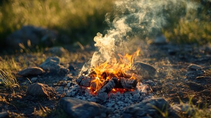 A dynamic shot of smoke billowing from a small campfire, with glowing embers visible, capturing the warmth and rustic charm of outdoor life