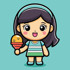 Cute Girl Holding Ice Cream – Summer Dessert People Cartoon Vector Illustration
