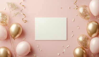 Pastel pink & gold celebration flatlay with blank card