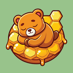 Cartoon Bear Sleeping on Honeycomb – Animal and Food Concept Vector Icon Isolated
