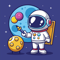 Cartoon Astronaut Painting the Moon – Creative Space and Technology Vector Icon Isolated
