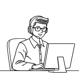 Friendly Customer Service Agent: A simple line art illustration depicts a smiling man with glasses and headphones, working at his computer, conveying helpfulness and professionalism.