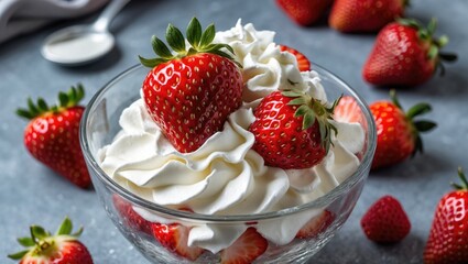 Strawberry with whipped cream in a glass bowl with fresh strawberries around it.