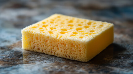 Close up showcases a porous yellow sponge, highlighting its texture and absorbent qualities on a gray surface.