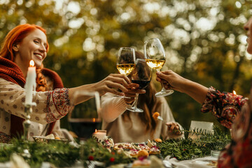 Friends toasting wine glasses celebrating outdoors autumn festive dinner party