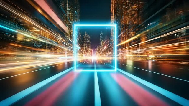 Neon frame on a city street with motion blur