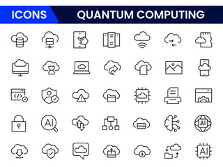 Futuristic vector web line icons depicting quantum computing, qubits, algorithms, processing power, and innovative tech for advanced computational solutions.