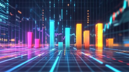 A futuristic financial D bar graph showing rising bars in bright colors, floating against a digital grid background with financial symbols.